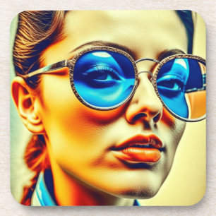 Hübsche Lady mit Blauer Sonnenbrille mit Reflektio Getränkeuntersetzer