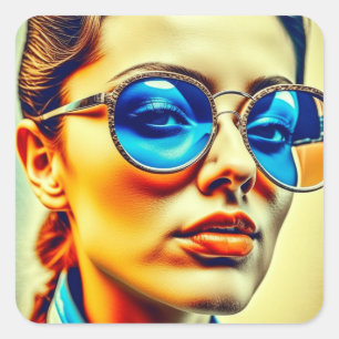 Hübsche Lady mit Blauer Sonnenbrille mit Reflektio Quadratischer Aufkleber