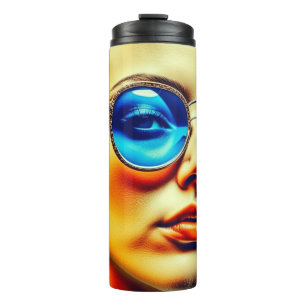 Hübsche Lady mit Blauer Sonnenbrille mit Reflektio Thermosbecher