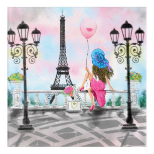 Hübsche Lady mit rosa Herzballon - I Liebe Paris Acryl Wandkunst
