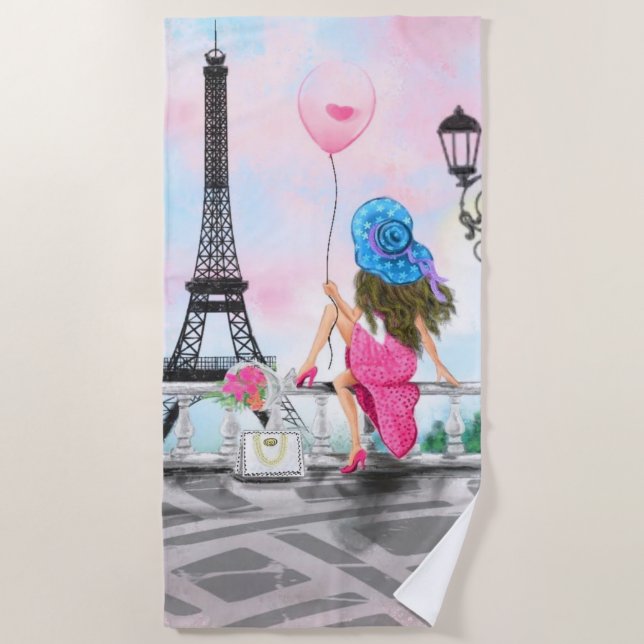 Hübsche Lady mit rosa Herzballon - I Liebe Paris Strandtuch (Vorderseite)