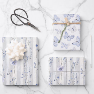 Hübsche Lavendel Weiße Blumen Streifen Geburtstag Geschenkpapier Set