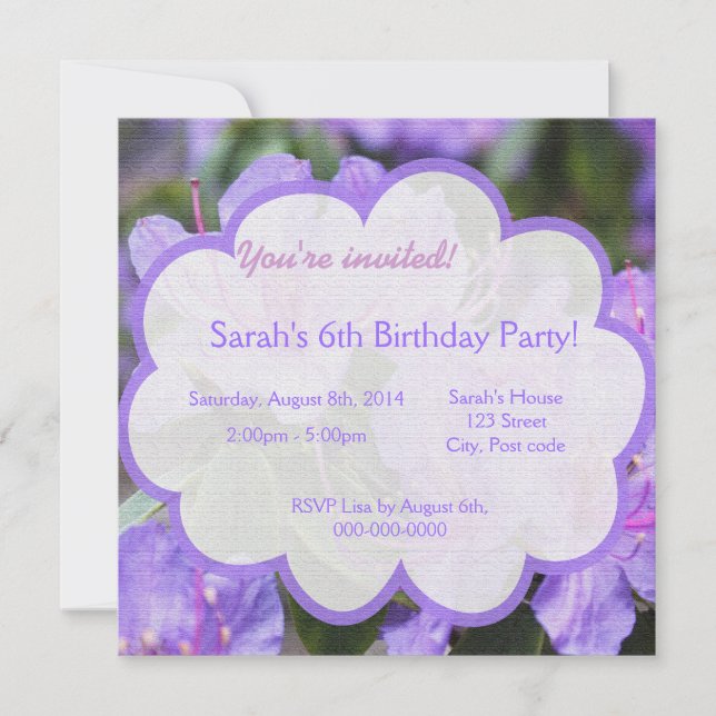 Hübsche lila Azalea Blume Mädchen Foto Geburtstag Einladung (Vorderseite)