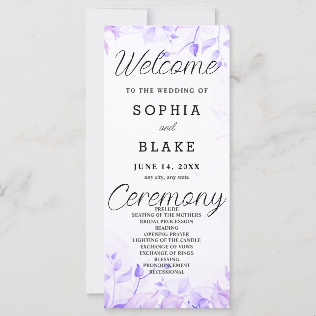 Hübsche Lila Blätter Weißes Hochzeitsprogramm (Vorderseite)