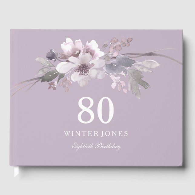 Hübsche Lila Blume 80. Geburtstagsparty Gästebuch (Vorderseite)