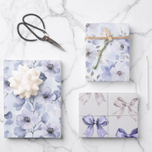 Hübsche lila Blumen und Schleifen Geschenkpapier Set