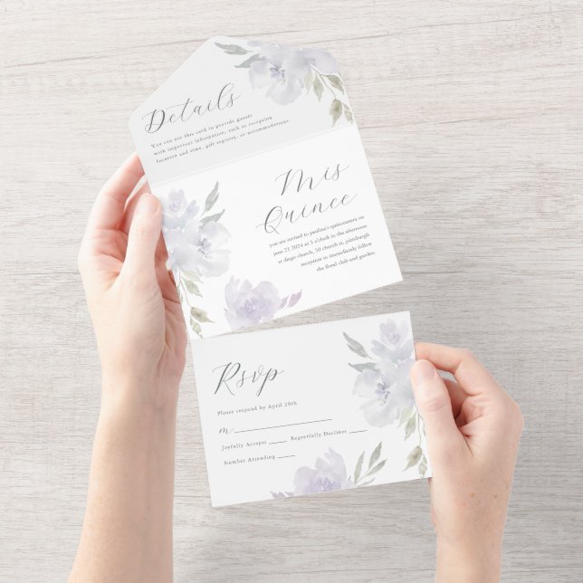 Hübsche Lila Blumenkatze 15 Jahre All In One Einladung (Abreißen)