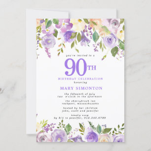 Hübsche Lila Floral 90. Geburtstagsparty Einladung
