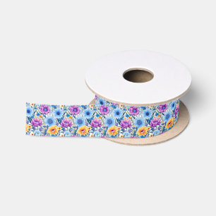 Hübsche Lila, gelbe und blaue Retroflorale Satinband