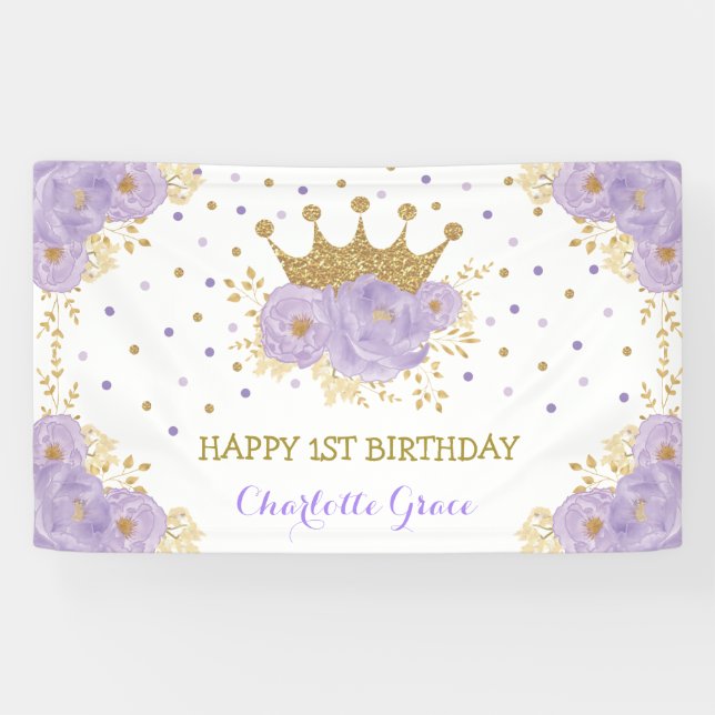 Hübsche Lila Goldkronprinzessin Birthday Banner (Horizontal)
