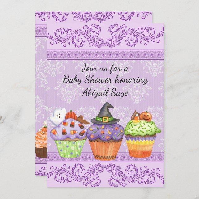 Hübsche Lila Halloween Cupcakes Kinderdusche Einladung (Vorne/Hinten)