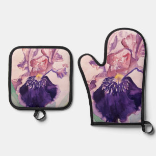 Hübsche Lila Iris Floral Geburtstagskuchen Ofenhandschuh & Topflappen-Set