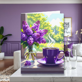 Hübsche Lila Lilacs und Kaffee denken über Sie Karte