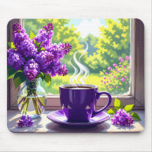 Hübsche Lila Lilacs und Kaffee