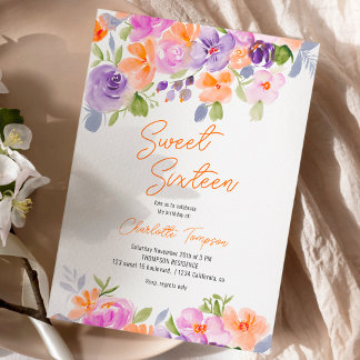 Hübsche lila-orangefarbene Blumenschrift süß 16 Einladung