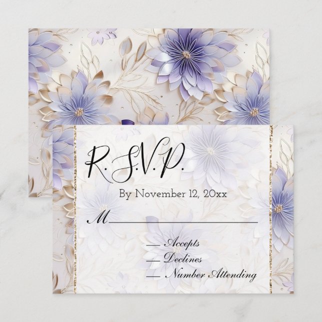 Hübsche Lila Pearl Gold Floral Wedding RSVP Begleitkarte (Vorne/Hinten)