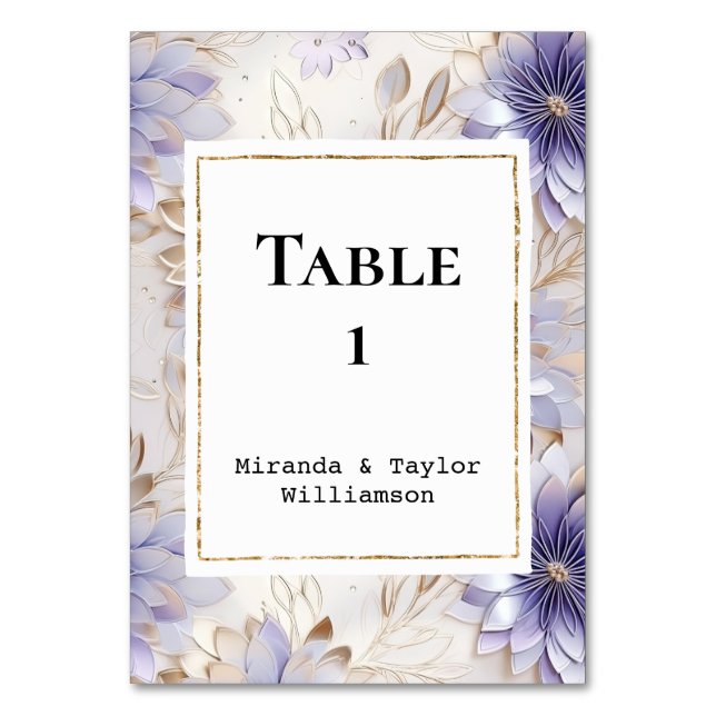 Hübsche Lila Pearl Gold Floral Wedding Tischnummer (Vorderseite)