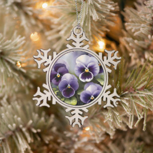 Hübsche lila Stiefmütterchen Aquarellmalerei Schneeflocken Zinn-Ornament