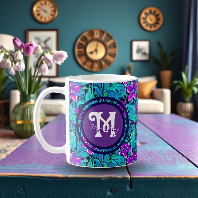 Hübsche Lila und Aquamarine Blaublume Personalisie Kaffeetasse (Von Creator hochgeladen)