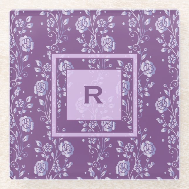 Hübsche Lila und Lilac Floral Monogramm Glasuntersetzer (Vorderseite)