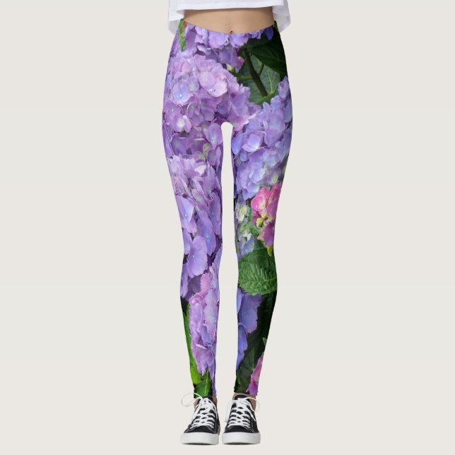 Hübsche lila und rosa Hydrangea-Blumen Leggings (Vorderseite)