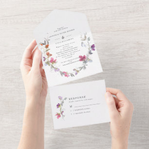 Hübsche Lila und rosafarbene Pea Wedding All In One Einladung
