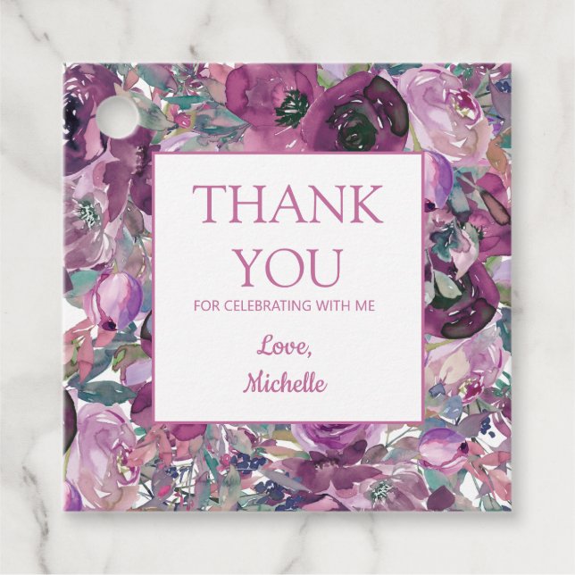 Hübsche Lila Wasserfarbe Blumengeburt Danke Geschenkanhänger (Vorderseite)