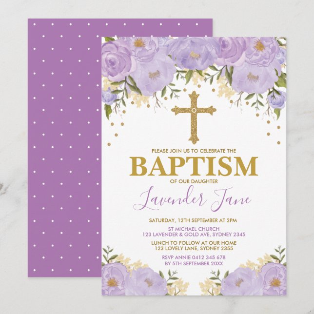 Hübsche Lila Wasserfarbe Blumenzwerge Taufe Einladung (Vorne/Hinten)