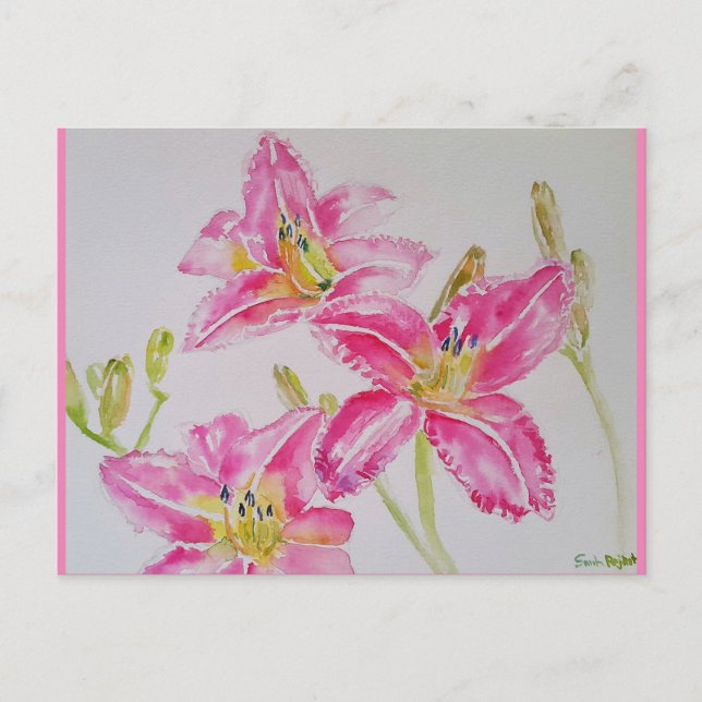 Hübsche Lily in rosa Aquarellmalerei Postkarte (Vorderseite)