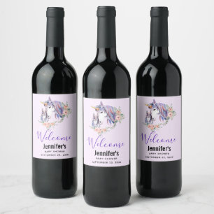 Hübsche Mama Unicorn & Baby Watercolor Willkommen Weinetikett