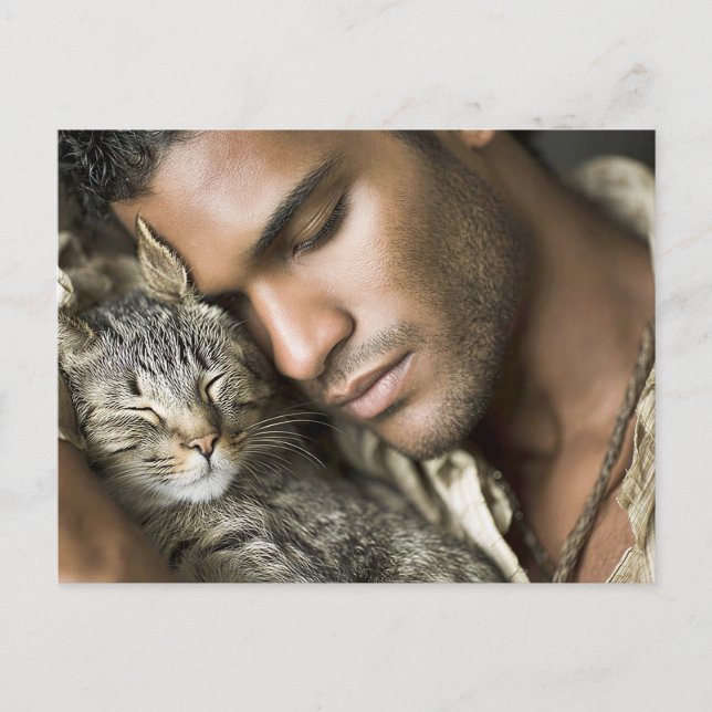 Hübsche Männer & Katzen Kunst Postkarte (Vorderseite)