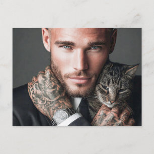 Hübsche Männer & Katzen Kunst Postkarte
