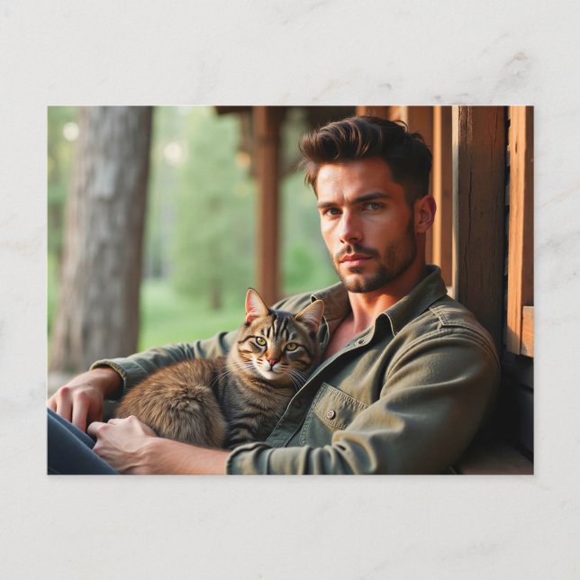 Hübsche Männer & Katzen Kunst Postkarte (Vorderseite)