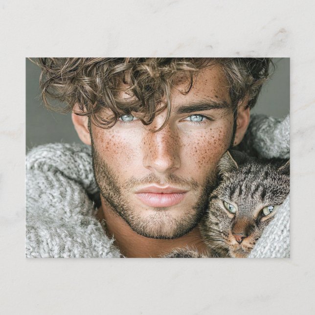Hübsche Männer & Katzen Kunst Postkarte (Vorderseite)