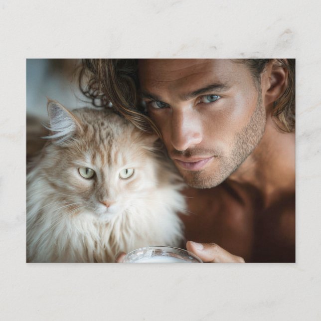 Hübsche Männer & Katzen Kunst Postkarte (Vorderseite)