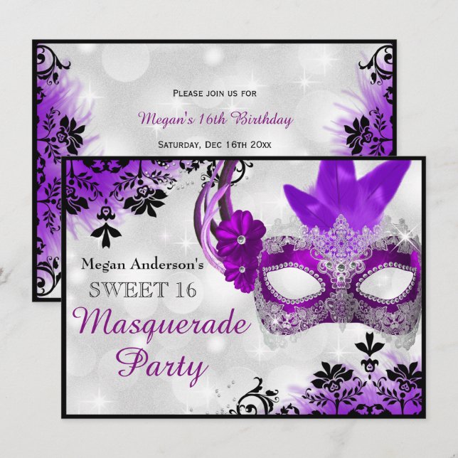 Hübsche Maske & Damaskus Lila Masquerade Sweet 16 Einladung (Vorne/Hinten)