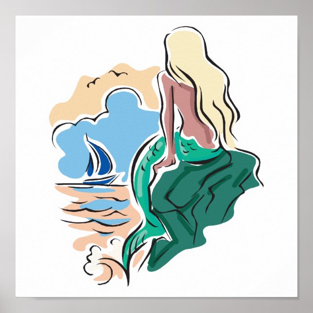 hübsche Meerjungfrau auf dem Felsen Poster (Vorne)