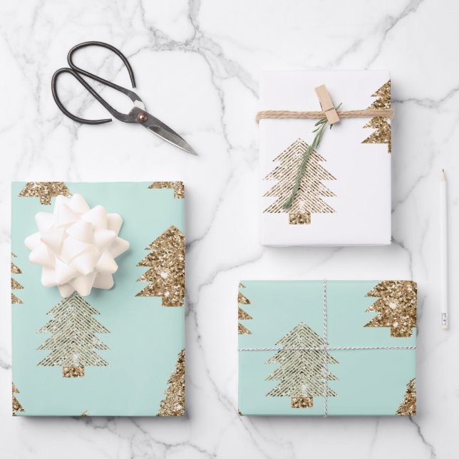 Hübsche Mint-Gold-Glitter-Glam-Christbäume Geschenkpapier Set (Vorderseite)