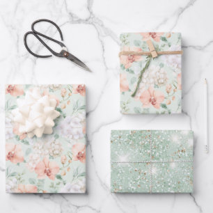 Hübsche Minz-Pfirsich-Orchideen-Blumen Brautdusche Geschenkpapier Set