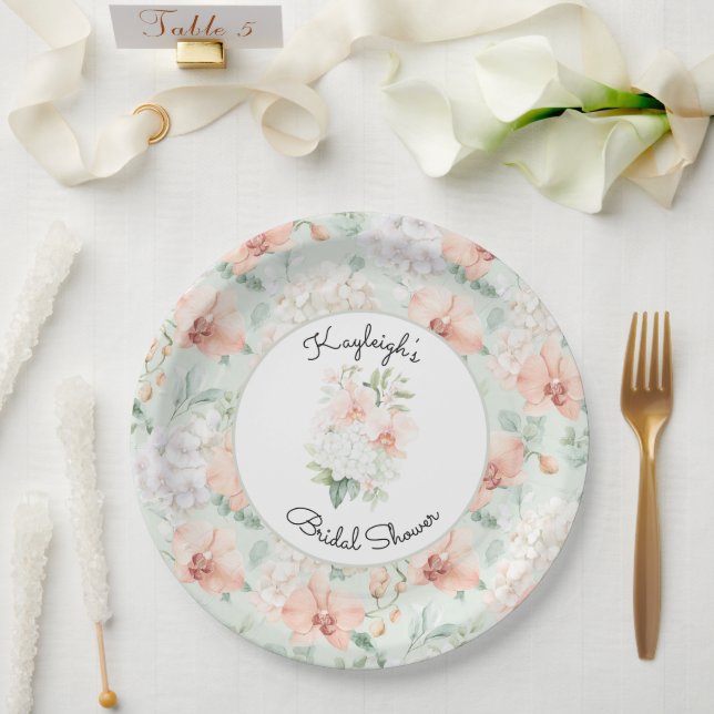 Hübsche Minze Pfirsich Orchideen Blumen Braut Dusc Pappteller (Hochzeit)