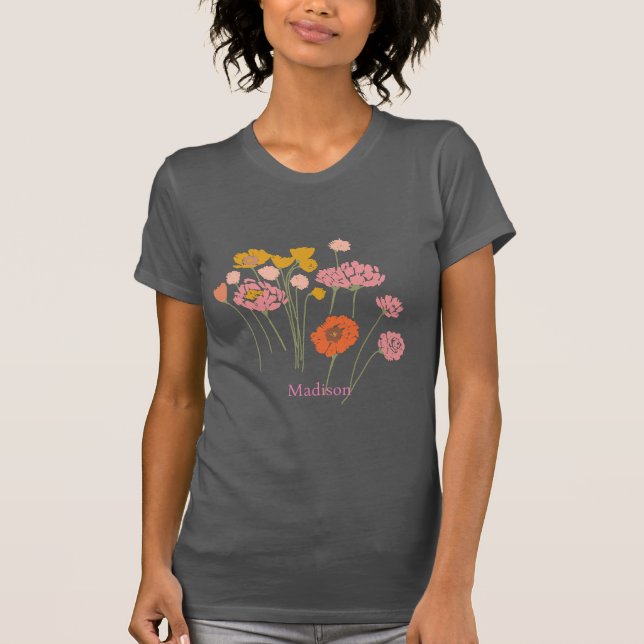 Hübsche moderne Blume mit Individuelle Name T-Shirt (Vorderseite)
