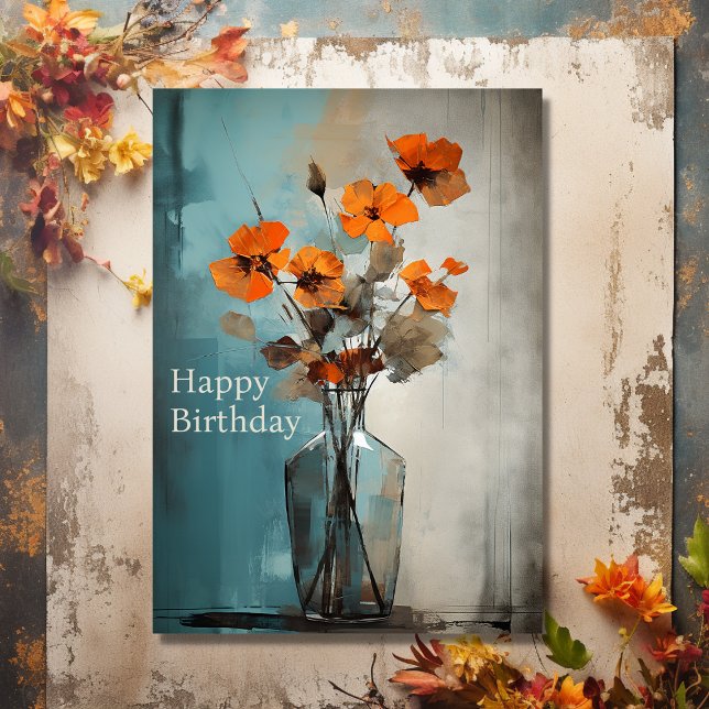 Hübsche moderne Blume und Vase Happy Birthday Karte (Front - Pretty Modern Flowers and Vase Happy Birthday Card)