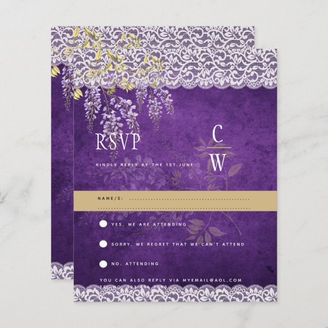Hübsche moderne Wisteria Lace Lila Wedding RSVP (Vorne/Hinten)