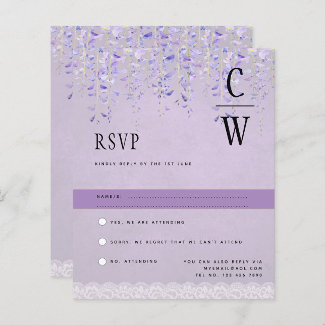 Hübsche moderne Wisteria Lace Lila Wedding RSVP (Vorne/Hinten)