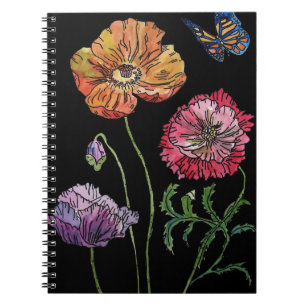 Hübsche Mohnblumen auf schwarzer Aquarellmalerei Notizblock
