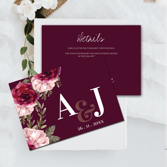 Hübsche Mongram Burgundy Blush Pink Floral Wedding Begleitkarte (Pretty Monogram Burgundy Blush Pink Floral Wedding Enclosure Details Card)