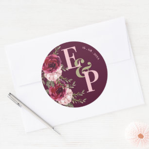 Hübsche Mongram Burgundy Blush Pink Floral Wedding Runder Aufkleber
