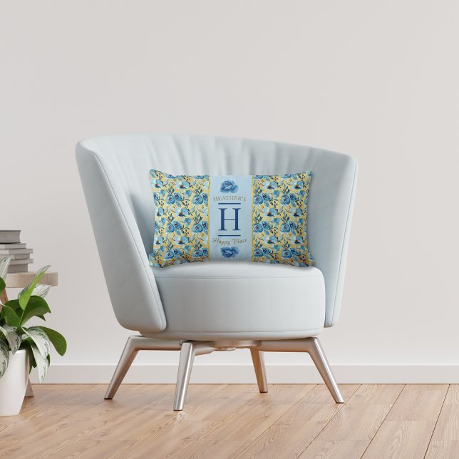 Hübsche Monogram Blue Gold Country Rose Happy Plac Lendenkissen (Von Creator hochgeladen)