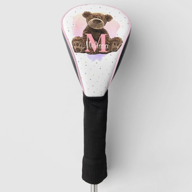 Hübsche Monogram Girls Name Pink Teddy Bear Golf Headcover (Vorderseite)