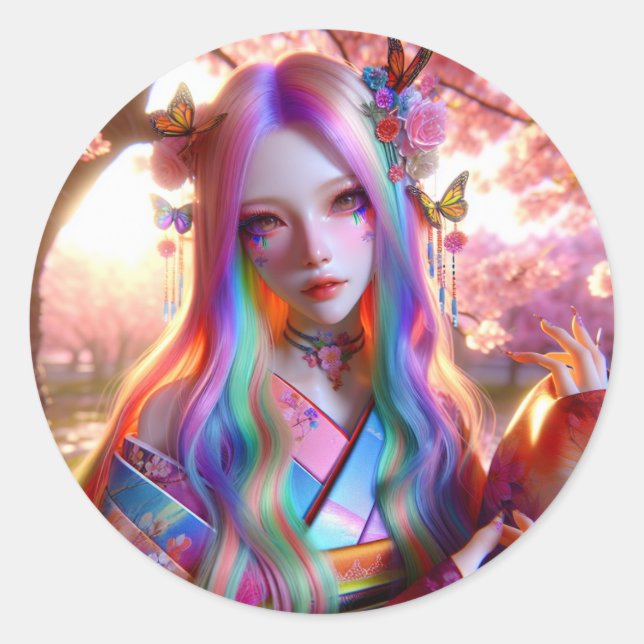 Hübsche mystische Ätherische Frau mit Schmetterlin Runder Aufkleber (Vorderseite)